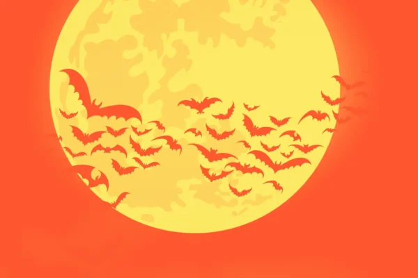 Cartoon of bats in front of moon