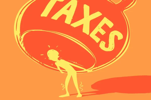 Cartoon man holding kettle bell with word reading "TAXES" on it